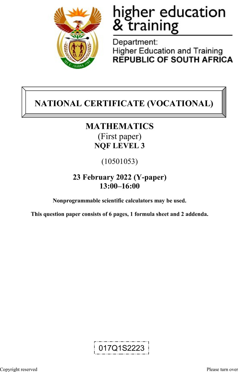 MATHEMATICS Level 3 DHET NCV 2022 Paper Y - Question Paper