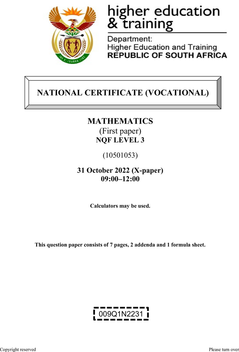 Mathematics Level 3 DHET NCV October 2022 Paper X - Question Paper