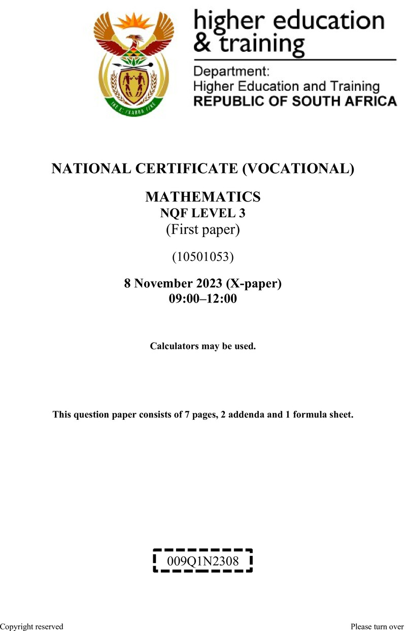 Mathematics Level 3 DHET NCV November 2023 Paper X - Question Paper