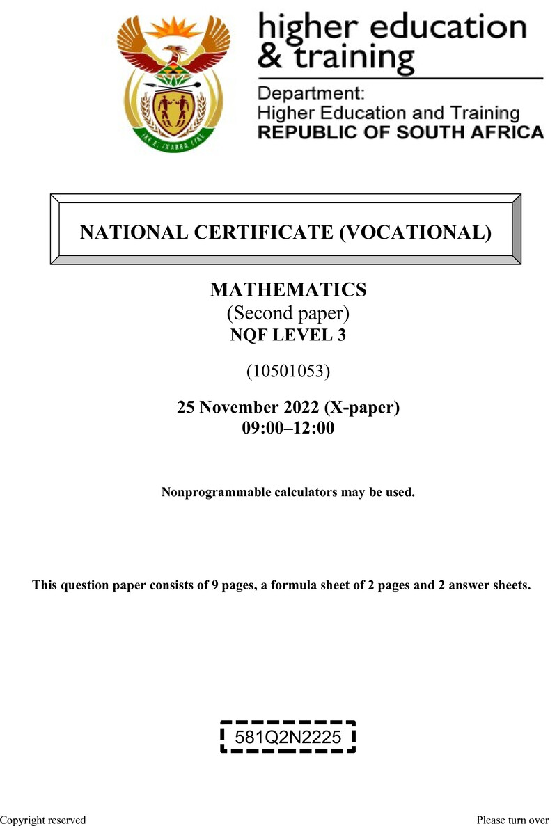 Mathematics Level 3 DHET NCV November 2022 Paper X - Question Paper