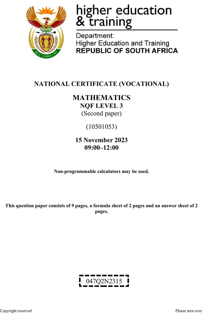 Mathematics Level 3 DHET NCV November 2023 - Question Paper