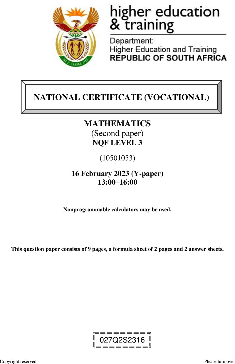 Mathematics Level 3 DHET NCV February 2023 Paper Y - Question Paper