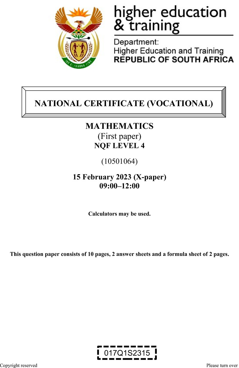 MATHEMATICS Level 4 DHET NCV February 2023 Paper X - Question Paper
