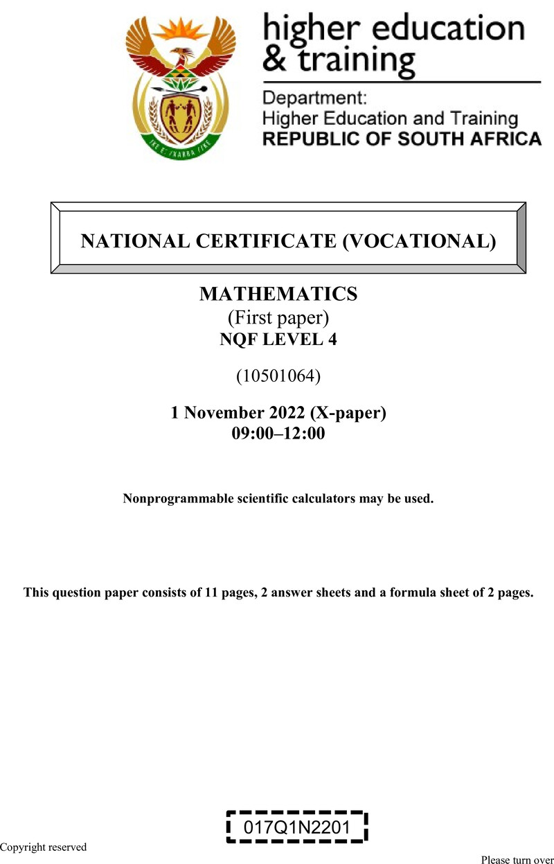 MATHEMATICS Level 4 DHET NCV November 2022 Paper X - Question Paper