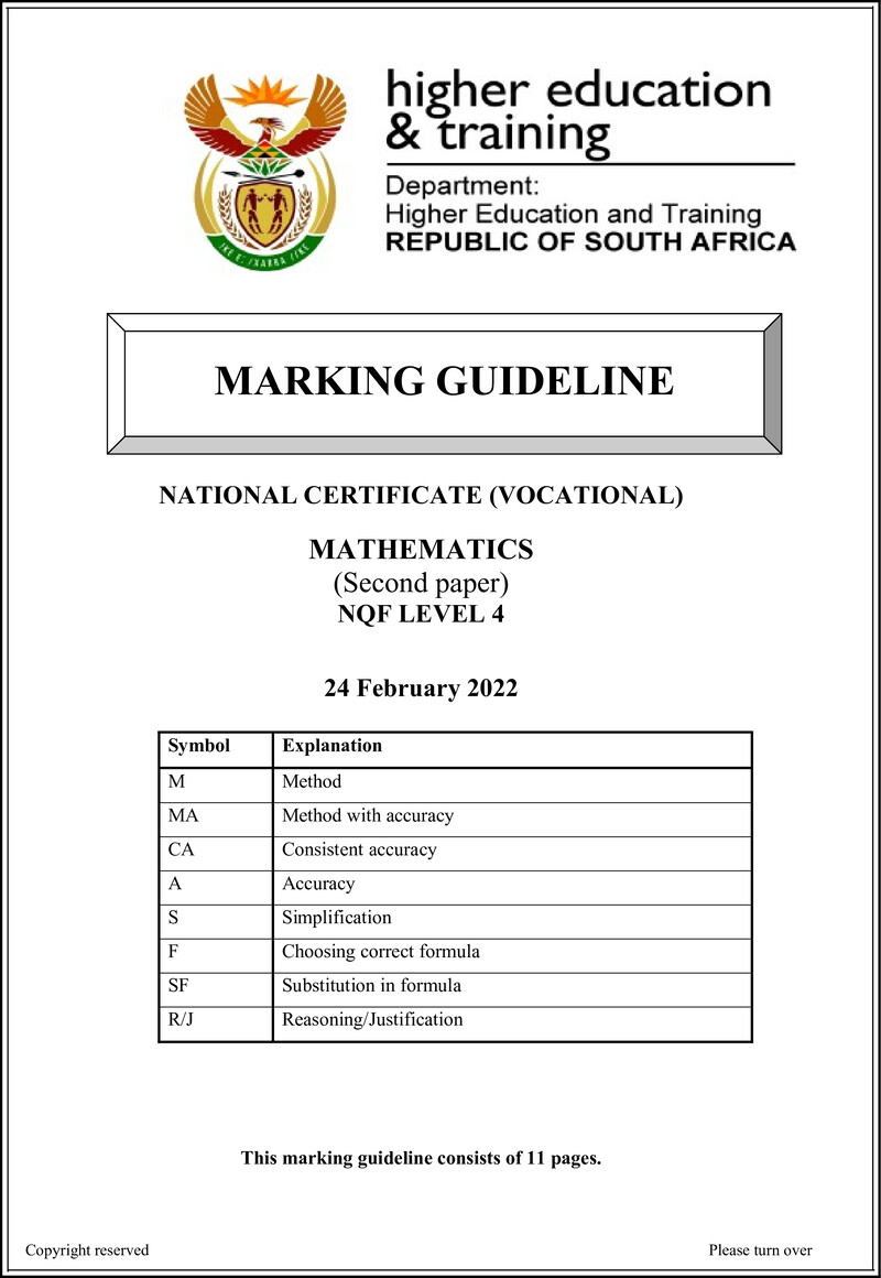 Mathematics Level 4 DHET NCV 2022 - Memo