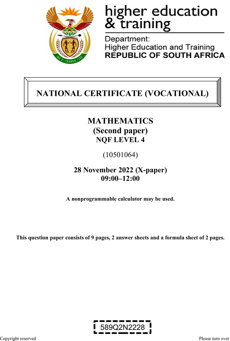 MATHEMATICS Level 4 DHET NCV November 2022 Paper X - Question Paper