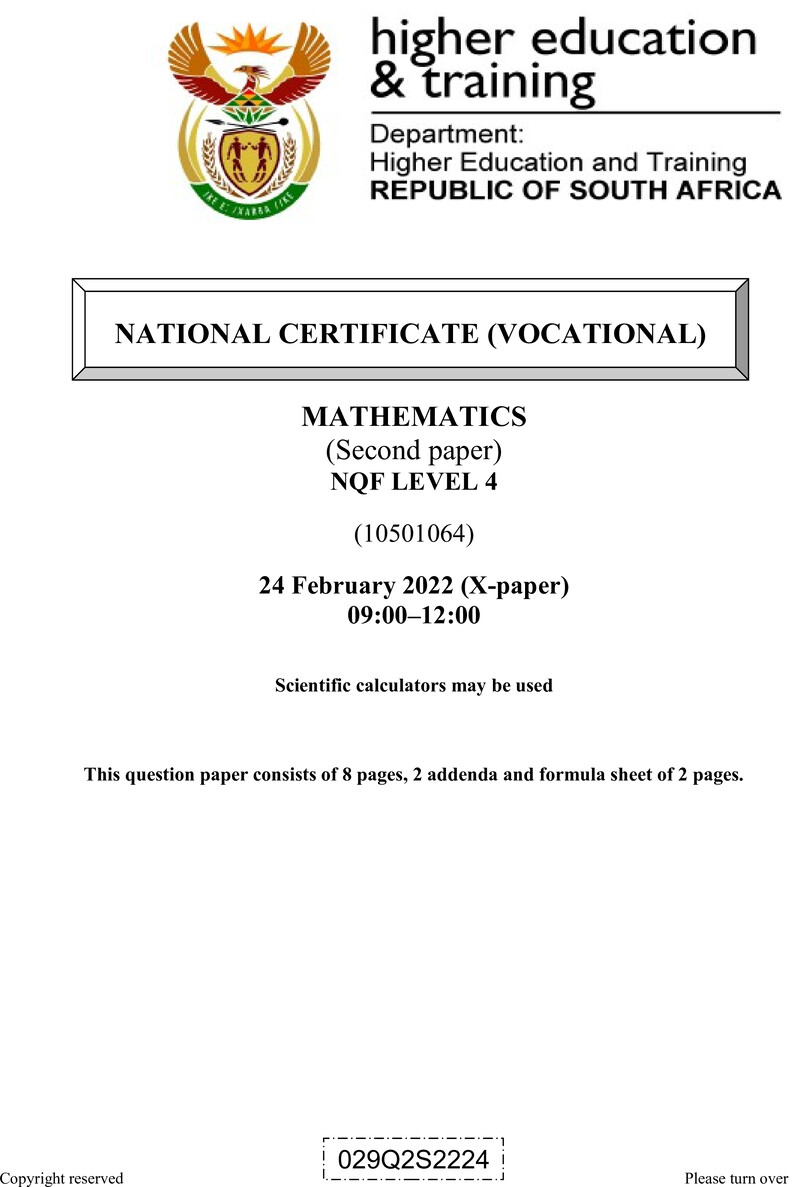 Mathematics Level 4 DHET NCV February 2022 Paper X - Question Paper