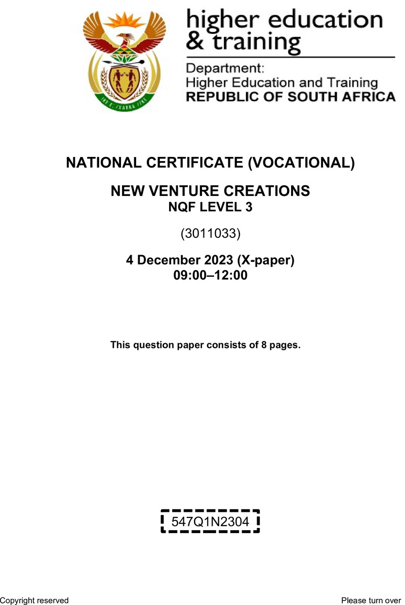 New Venture Creation Level 3 DHET NCV December 2023 Paper X - Question Paper