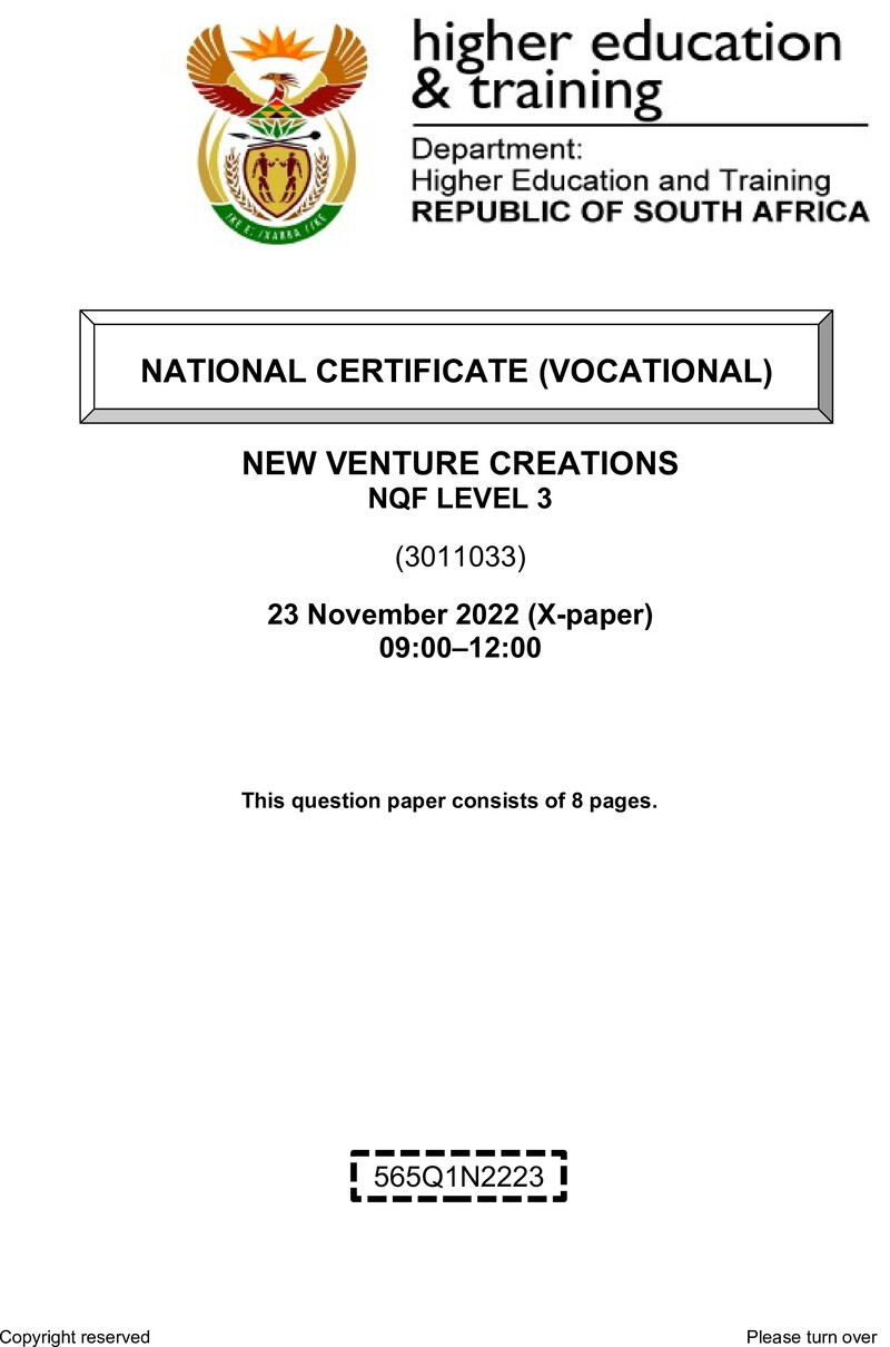 New Venture Creation Level 3 DHET NCV 2022 Paper X - Question Paper