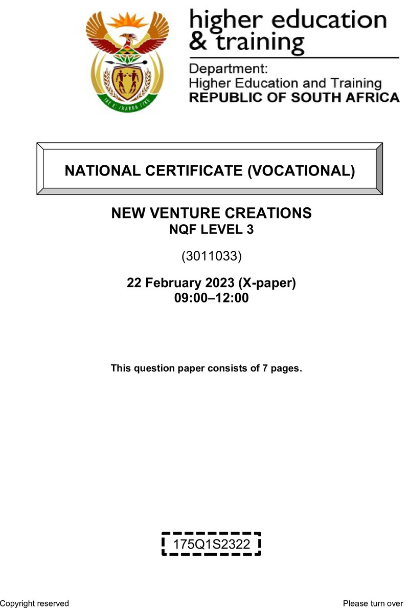 New Venture Creation Level 3 DHET NCV February 2023 Paper X - Question Paper