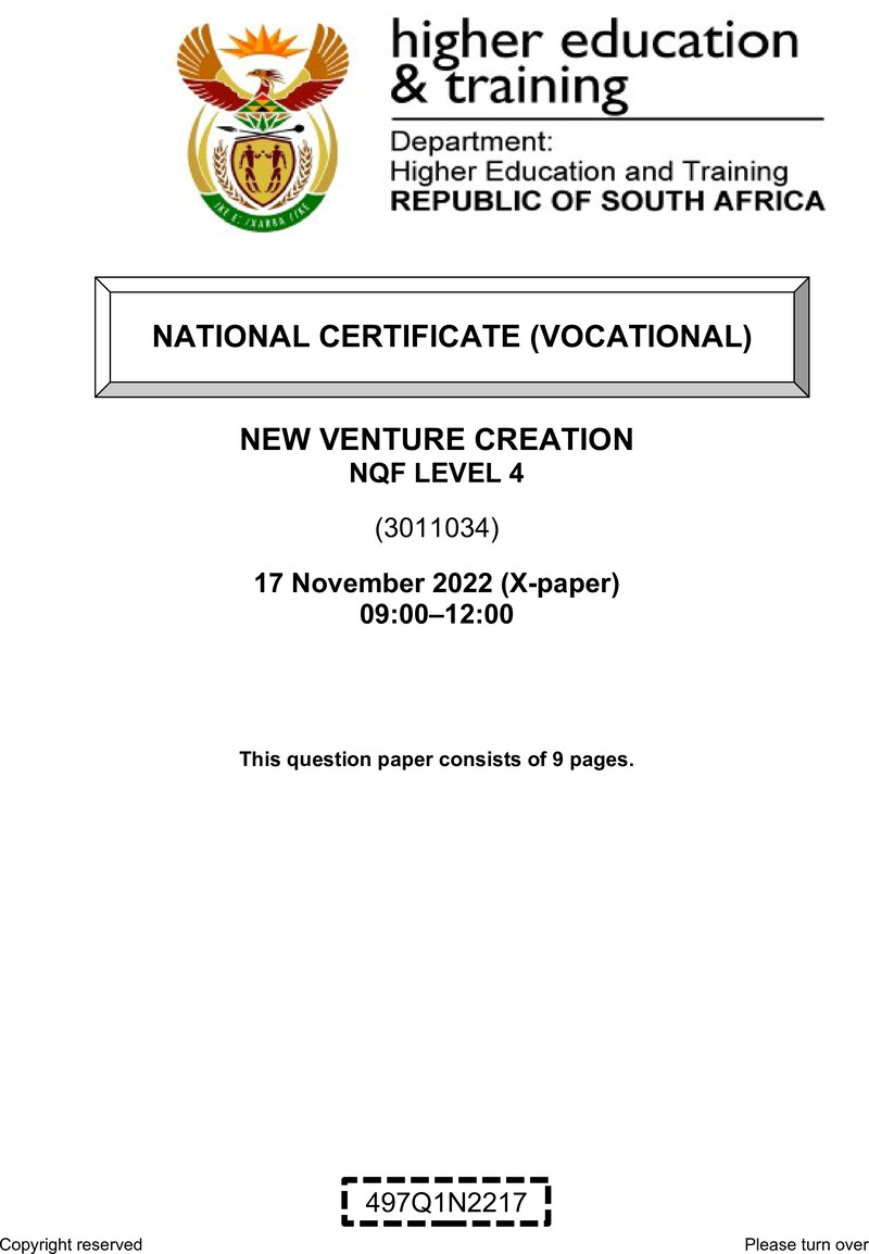 New Venture Creation Level 4 DHET NCV 2022 Paper X - Question Paper