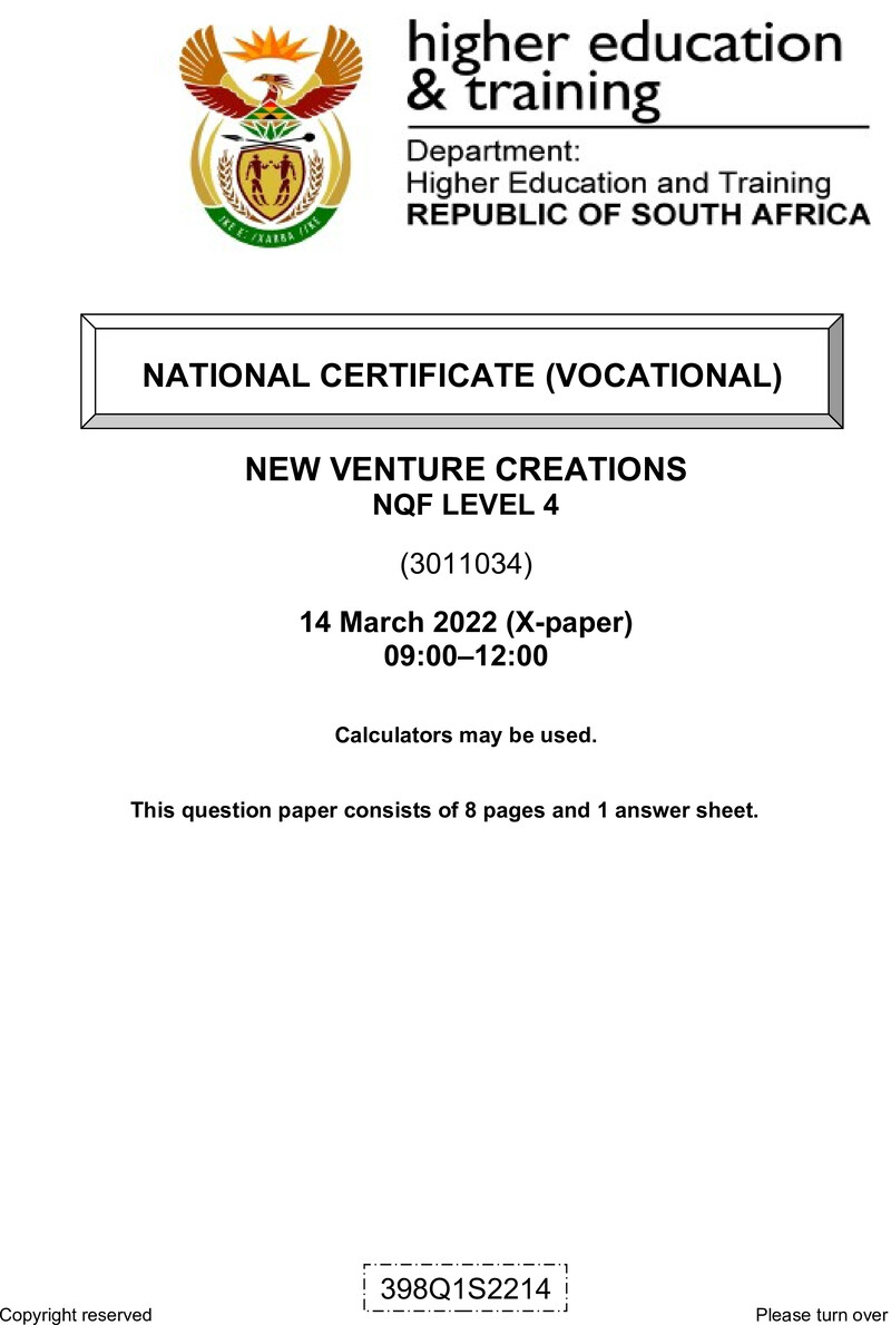 New Venture Creation Level 4 DHET NCV March 2022 Paper X - Question Paper