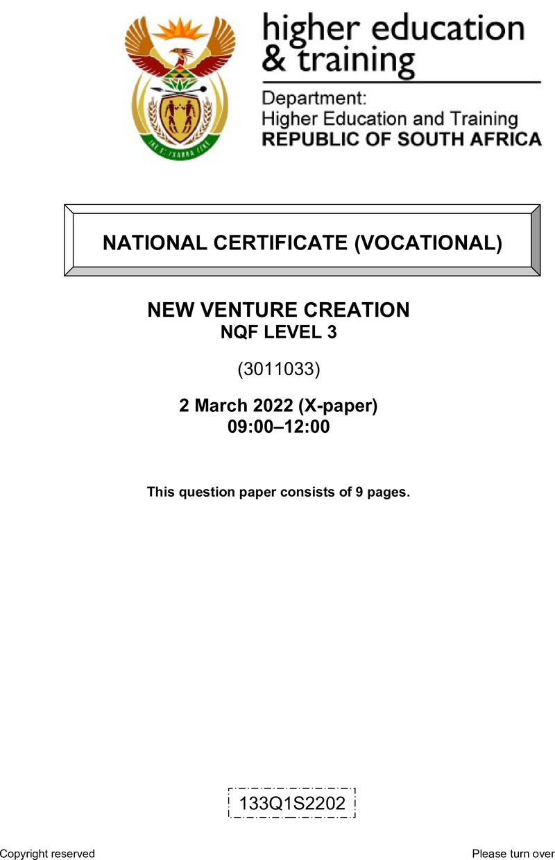 New Venture Creation Level 3 DHET NCV March 2022 Paper X - Question Paper