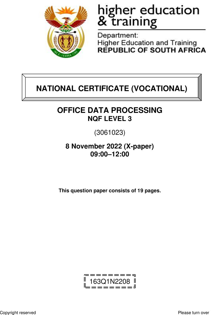 Data Processing Level 3 DHET NCV November 2022 Paper X - Question Paper