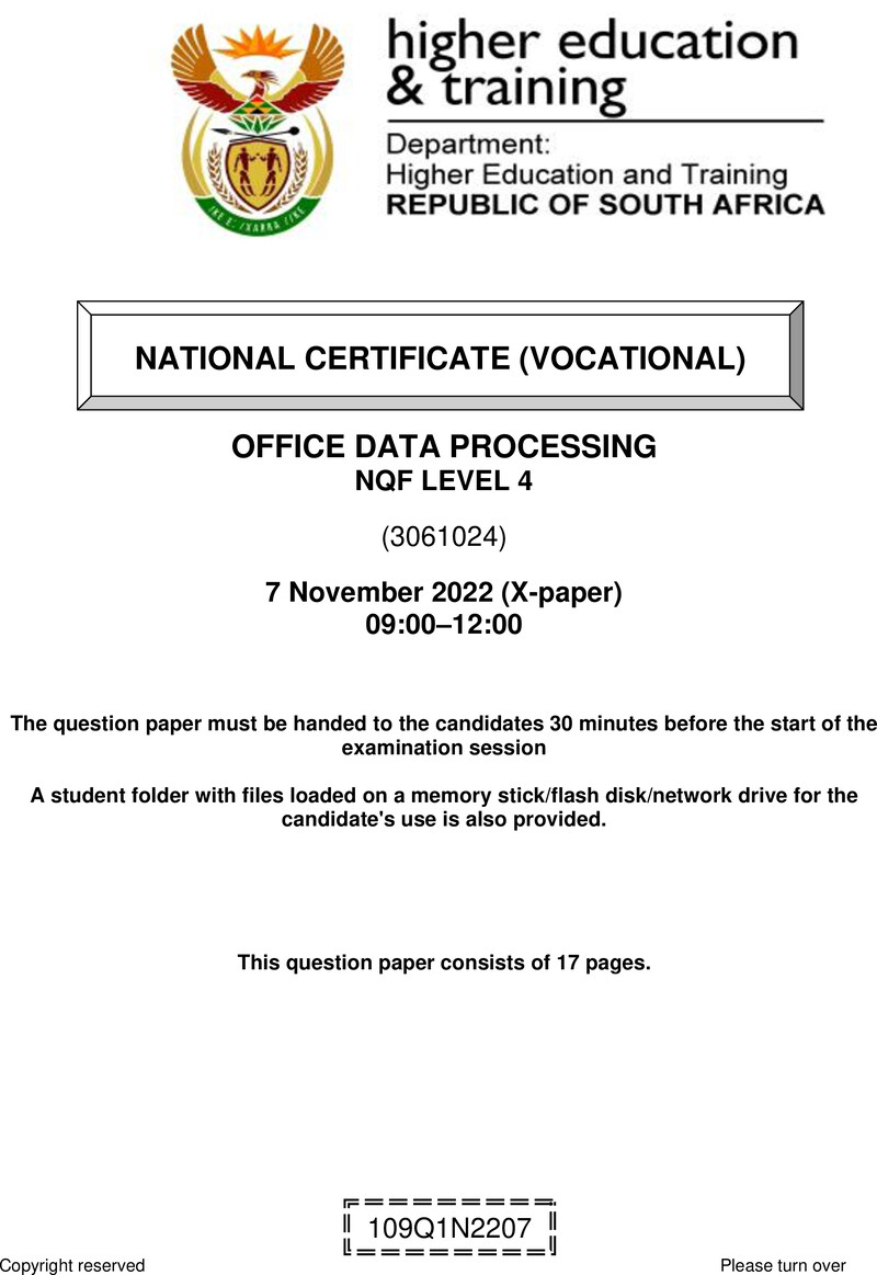 Office Data Processing Level 4 DHET NCV November 2022 Paper X - Question Paper