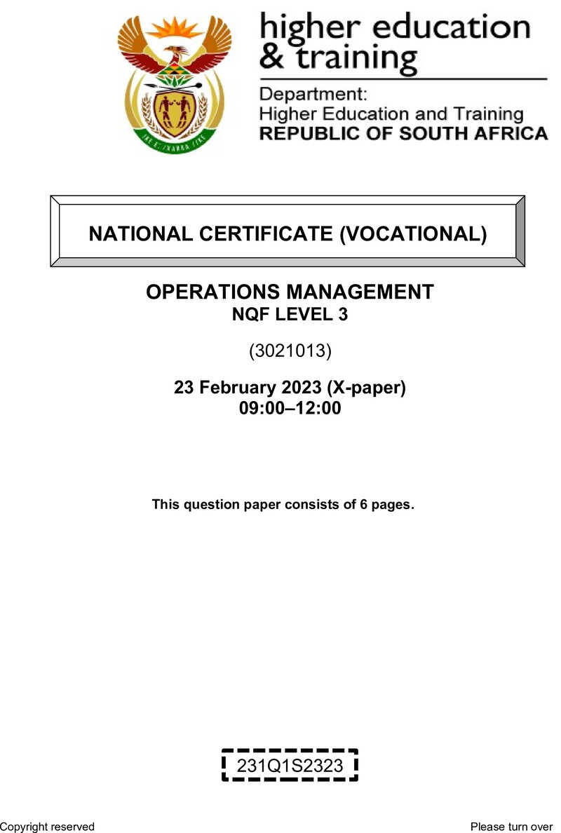Operations Management Level 3 DHET NCV February 2023 Paper X - Question Paper