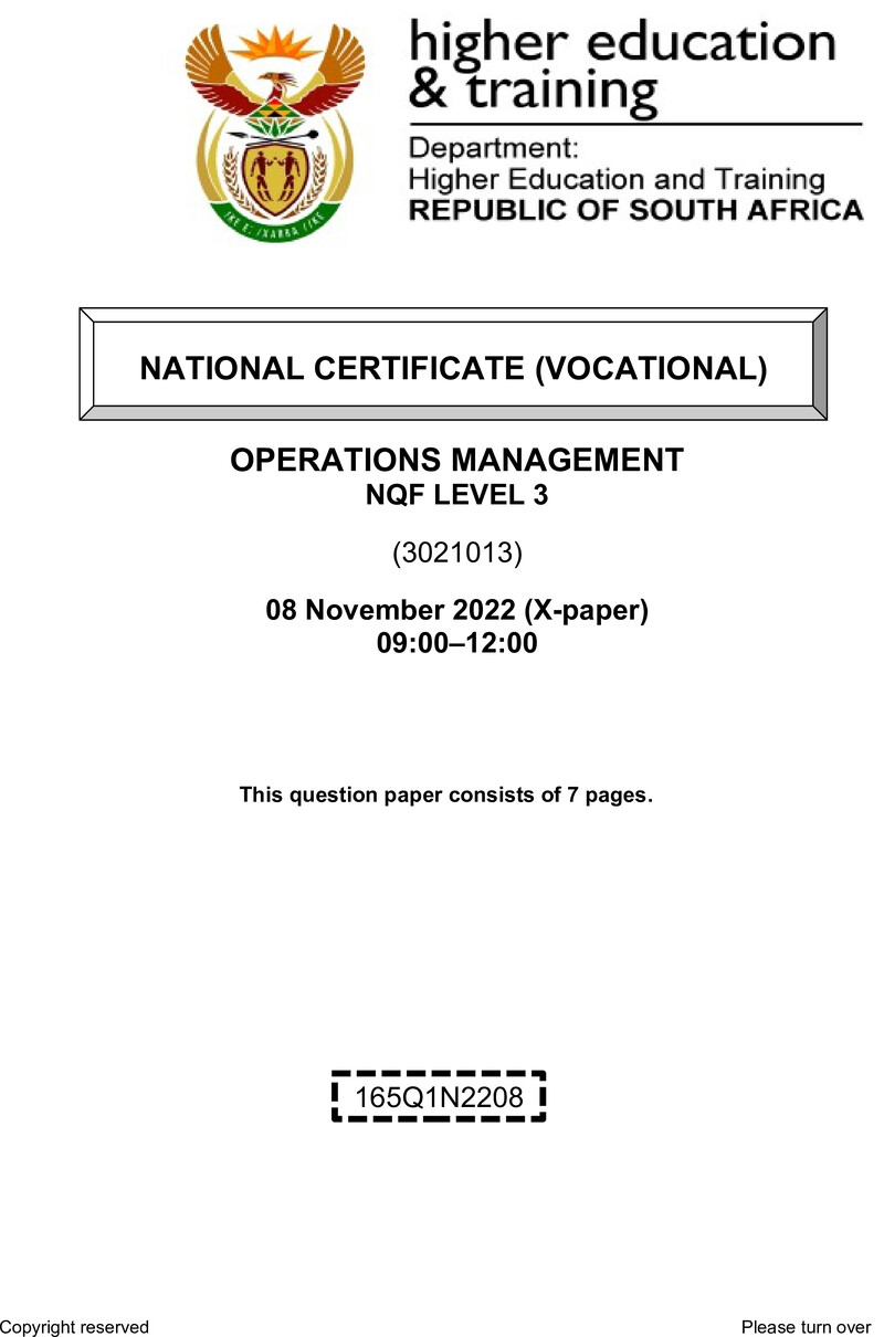 Operations Management Level 3 DHET NCV November 2022 Paper X - Question Paper
