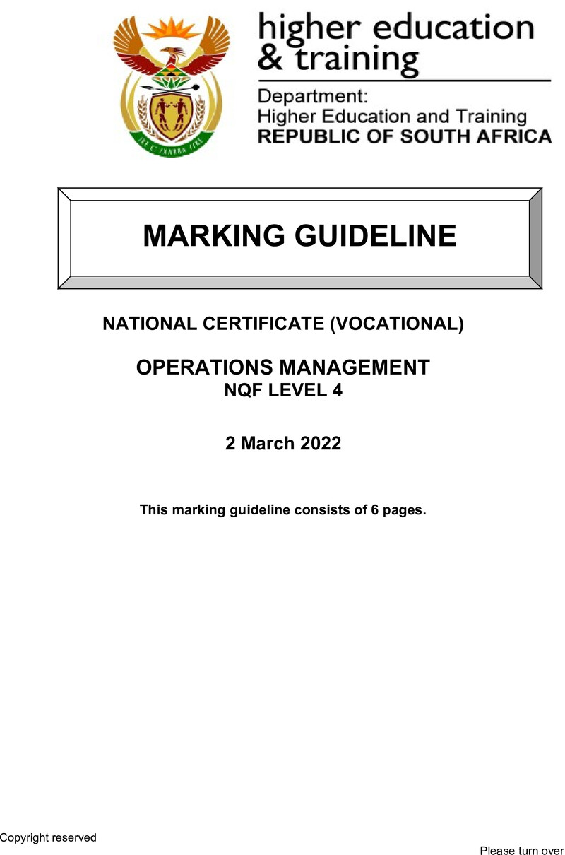 Operations Management Level 4 DHET NCV March 2022 - Memo