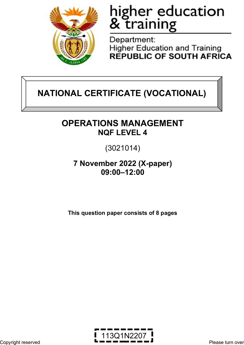Operations Management Level 4 DHET NCV November 2022 Paper X - Question Paper