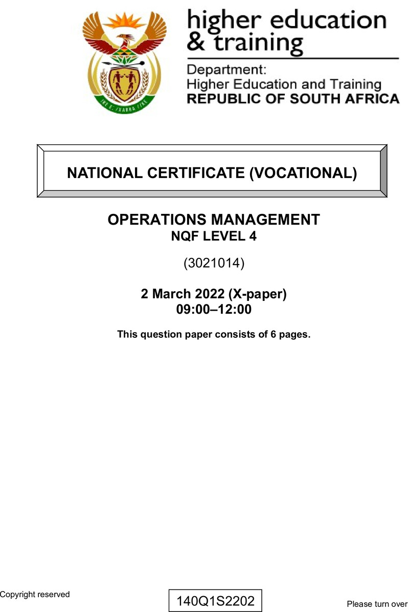 Operations Management Level 4 DHET NCV March 2022 Paper X - Question Paper