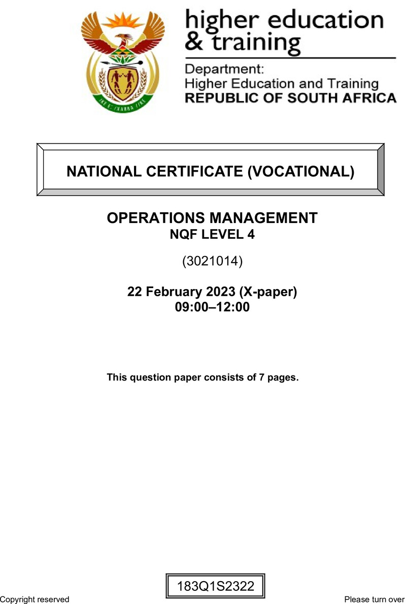 Operations Management Level 4 DHET NCV February 2023 Paper X - Question Paper