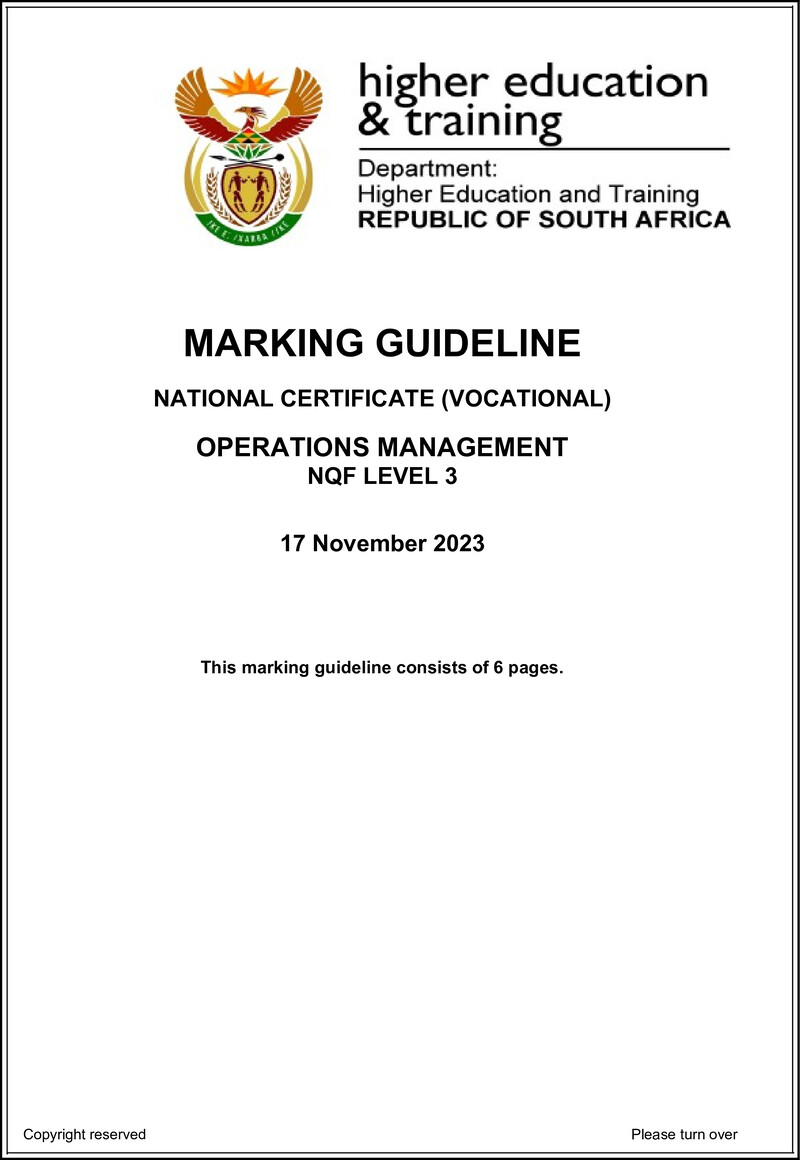Operations Management Level 3 DHET NCV 2023 - Memo