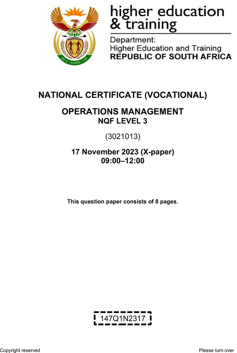 Operations Management Level 3 DHET NCV November 2023 Paper X - Question Paper