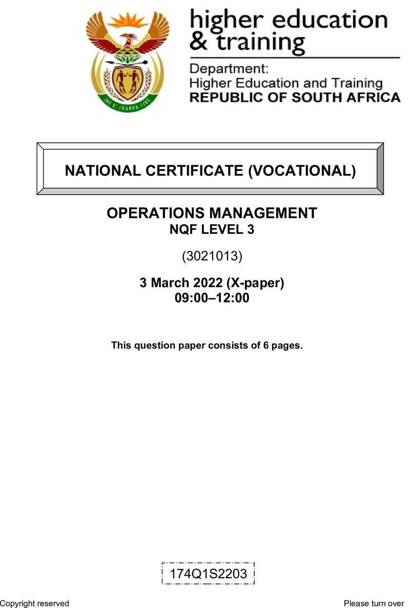 Operations Management Level 3 DHET NCV March 2022 Paper X - Question Paper
