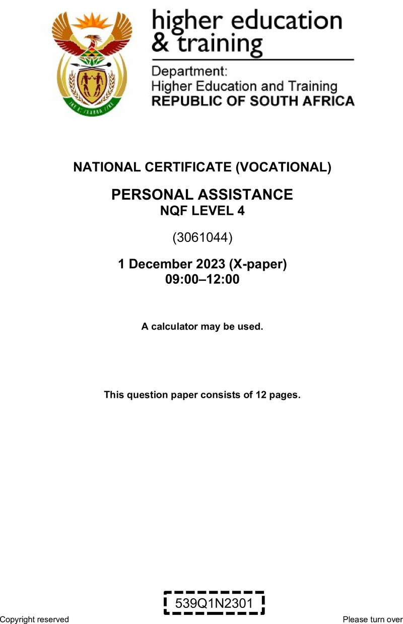 Personal Assistance Level 4 DHET NCV December 2023 Paper X - Question Paper