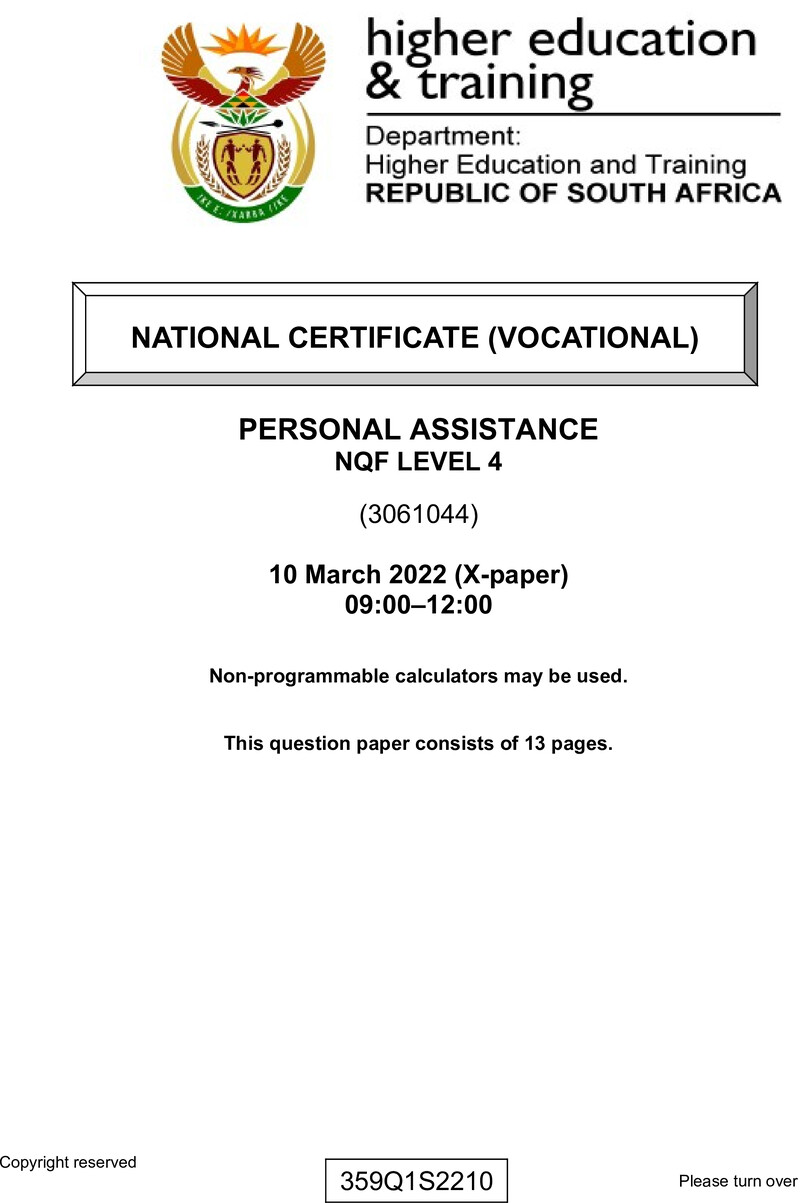 Personal Assistance Level 4 DHET NCV March 2022 Paper X - Question Paper