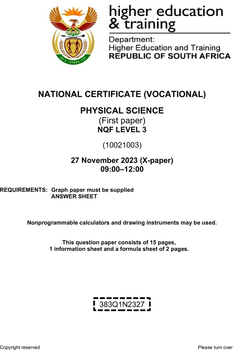 Physical Sciences Level 3 DHET NCV November 2023 Paper X - Question Paper