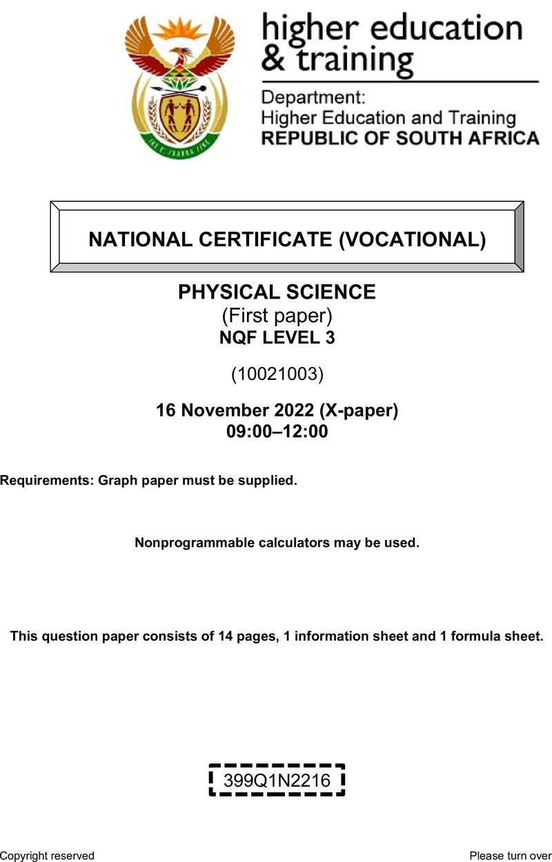 Physical Sciences Level 3 DHET NCV November 2022 Paper X - Question Paper