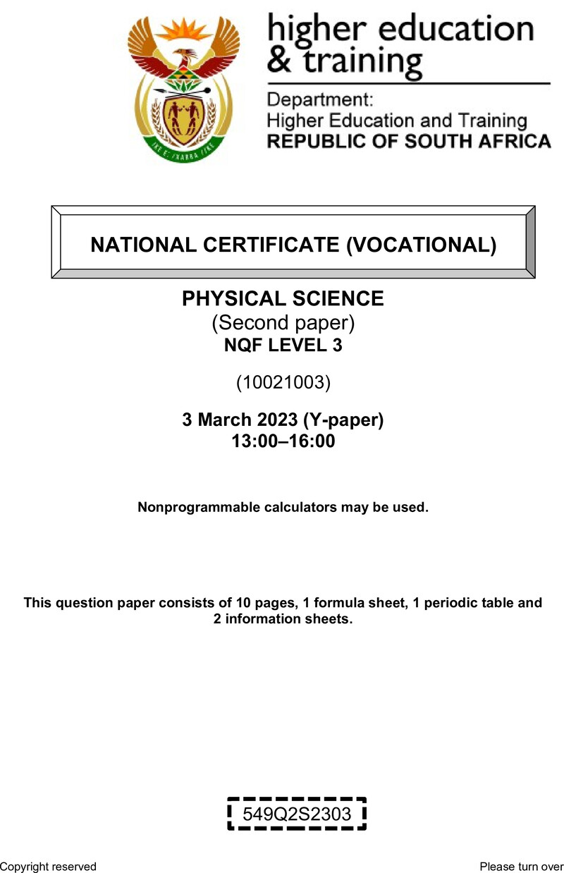 Physical Sciences Level 3 DHET NCV March 2023 Paper Y - Question Paper