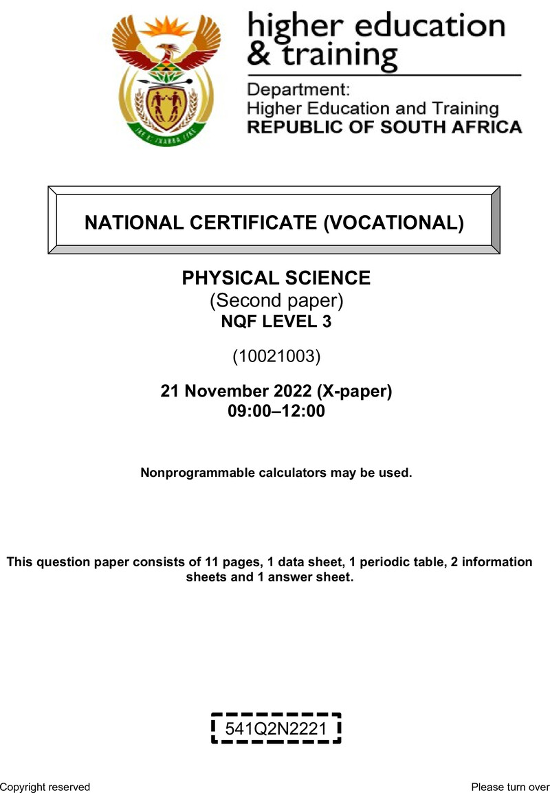 Physical Sciences Level 3 DHET NCV November 2022 Paper X - Question Paper
