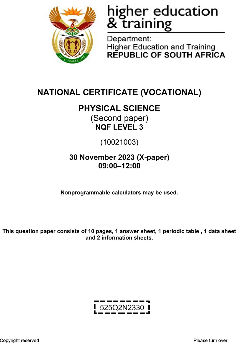 Physical Sciences Level 3 DHET NCV November 2023 Paper X - Question Paper
