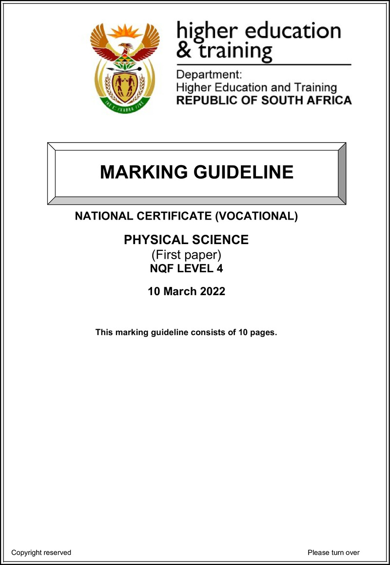 Physical Sciences Level 4 DHET NCV March 2022 - Memo