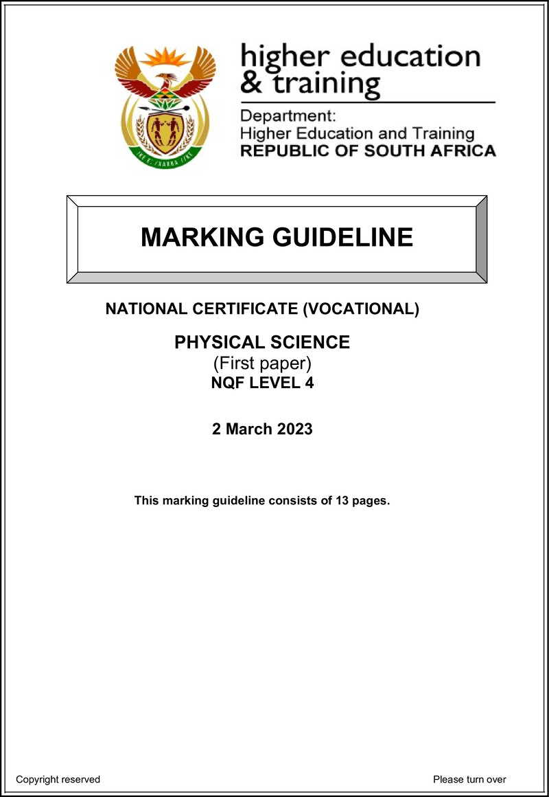 Physical Sciences Level 4 DHET NCV March 2023 - Memo