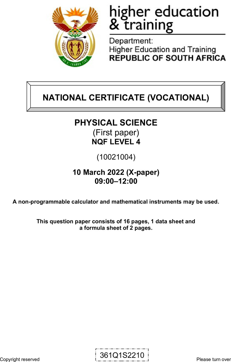 Physical Sciences Level 4 DHET NCV March 2022 Paper X - Question Paper