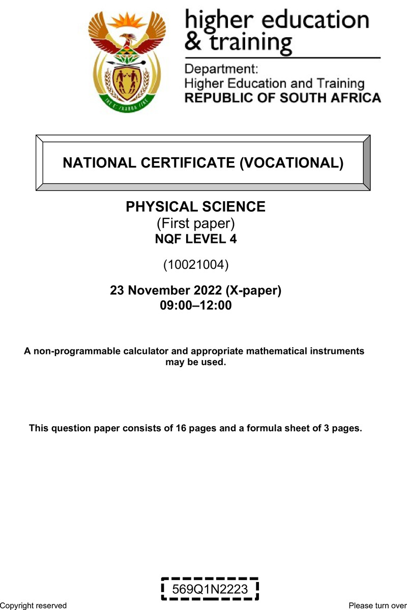 Physical Sciences Level 4 DHET NCV November 2022 Paper X - Question Paper