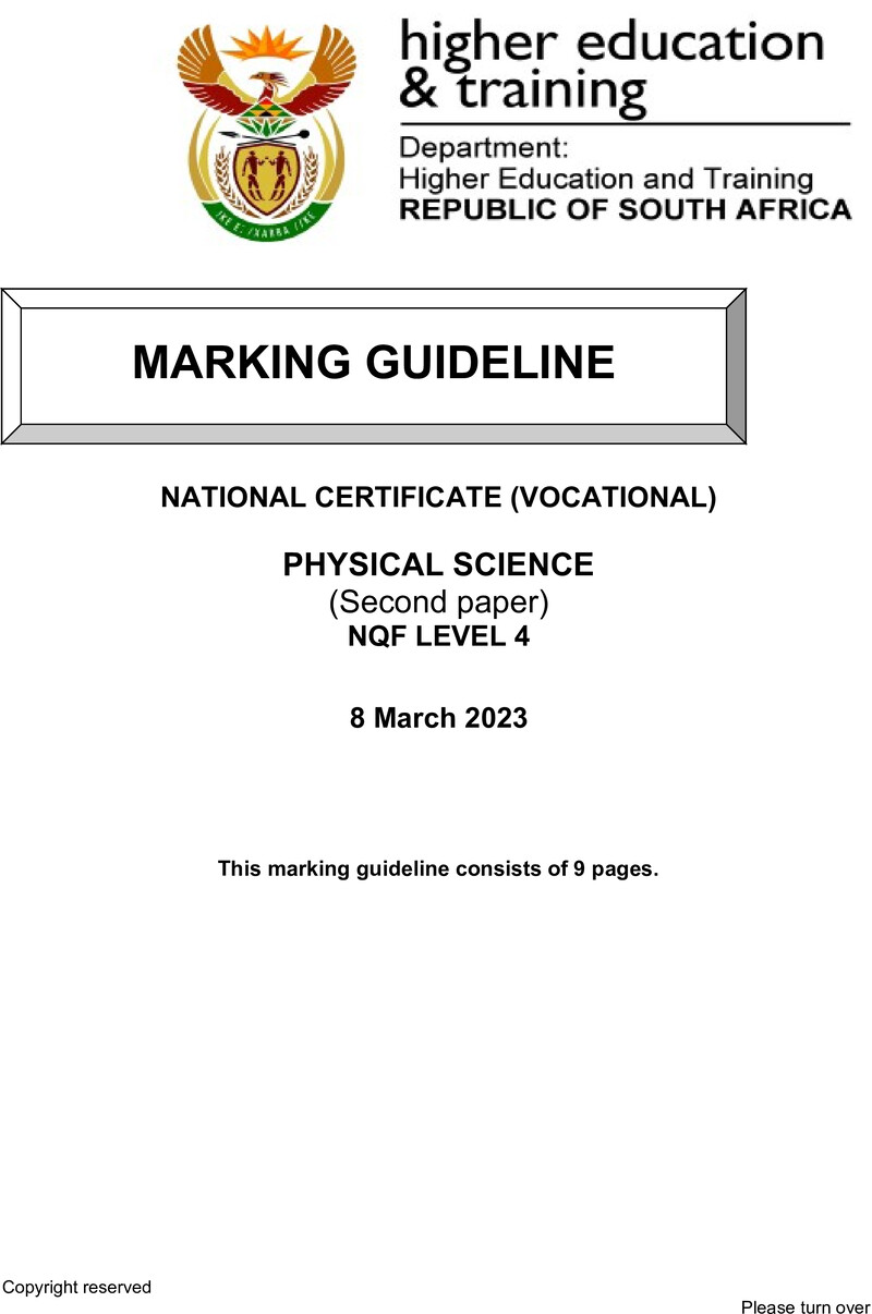 Physical Sciences Level 4 DHET NCV March 2023 - Memo