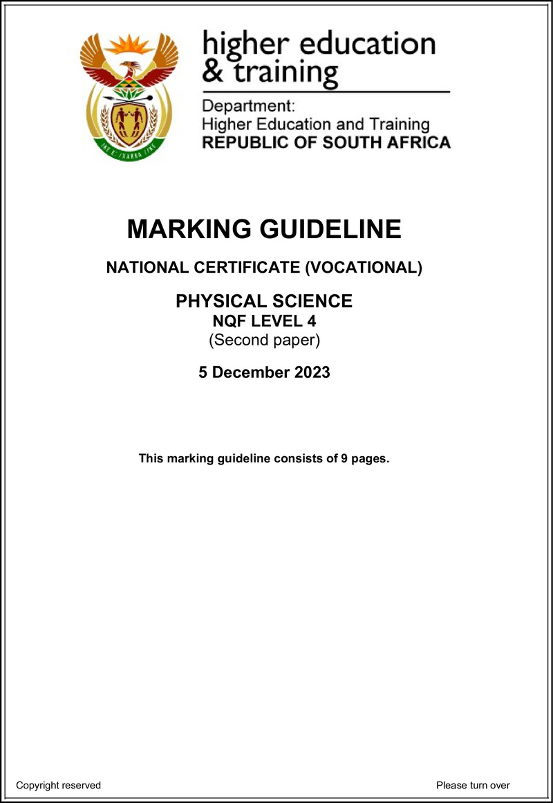 Physical Sciences Level 4 DHET NCV December 2023 - Memo