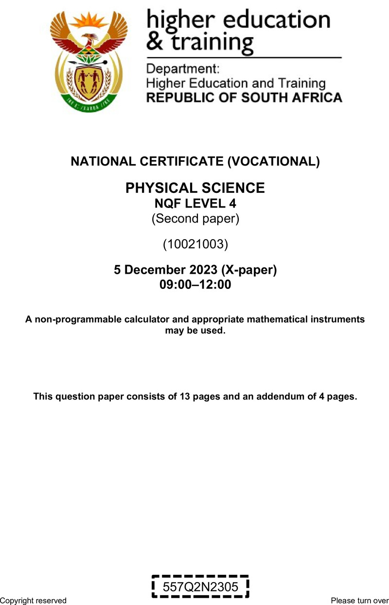 Physical Sciences Level 4 DHET NCV December 2023 Paper X - Question Paper