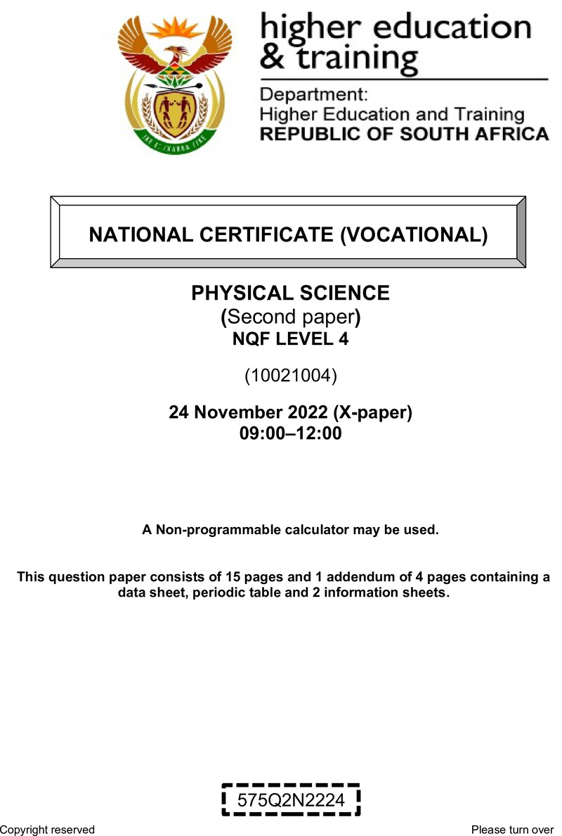 Physical Sciences Level 4 DHET NCV November 2022 Paper X - Question Paper