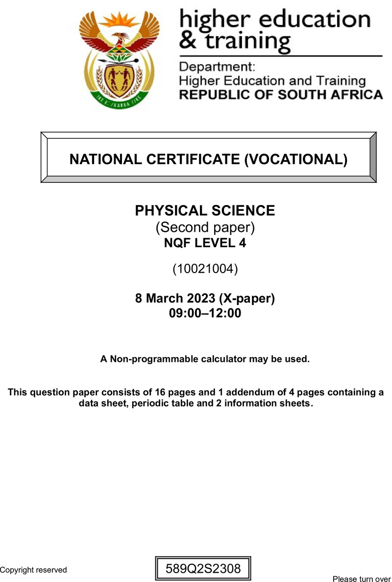 Physical Sciences Level 4 DHET NCV March 2023 Paper X - Question Paper
