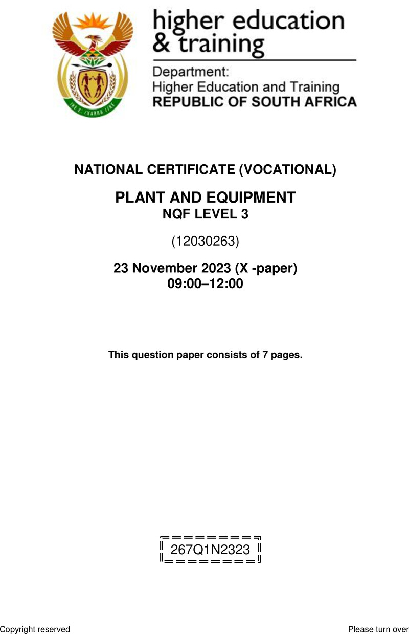 Plant and Equipment Level 3 DHET NCV November 2023 Paper X - Question Paper