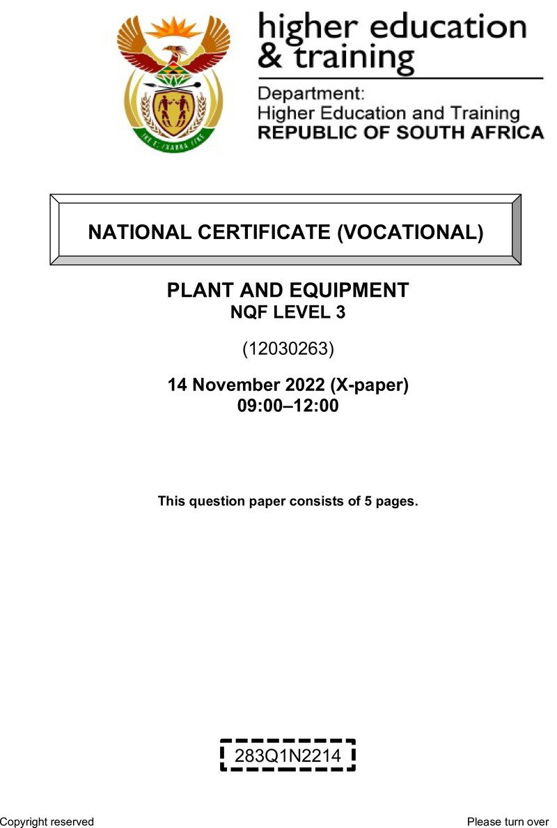 Plant and Equipment Level 3 DHET NCV November 2022 Paper X - Question Paper