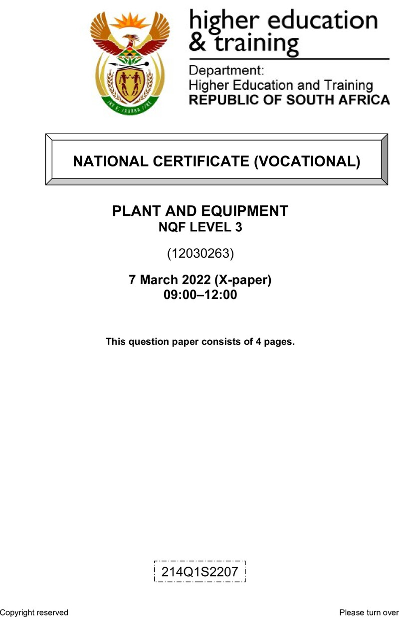 Plant and Equipment Level 3 DHET NCV March 2022 Paper X - Question Paper