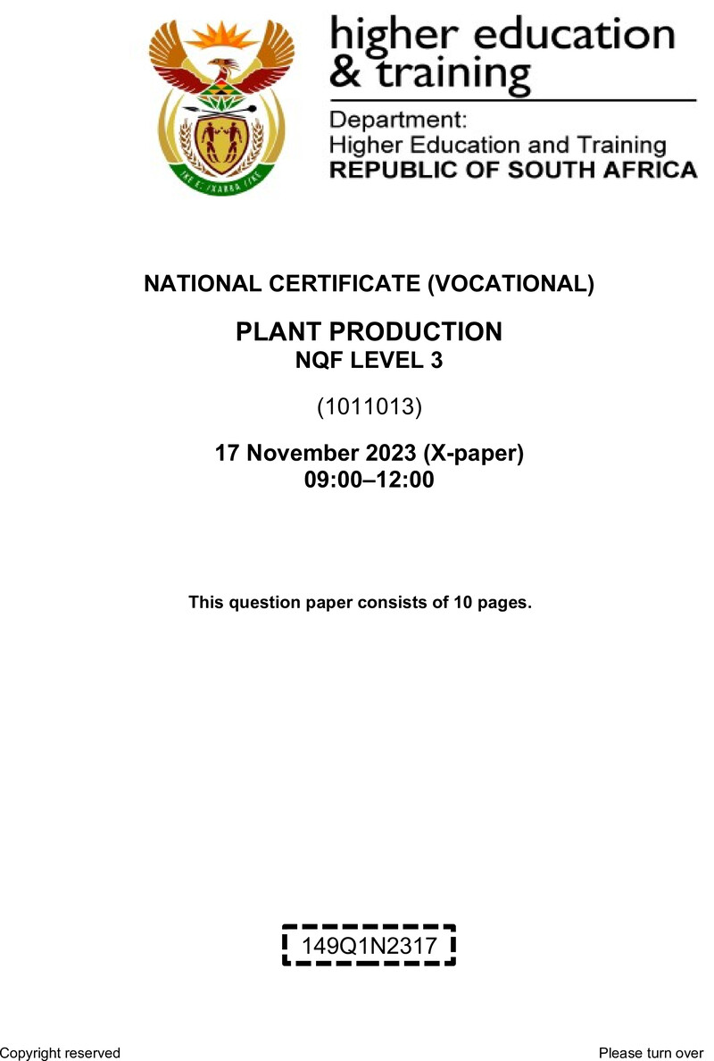 Plant Production Level 3 DHET NCV November 2023 Paper X - Question Paper