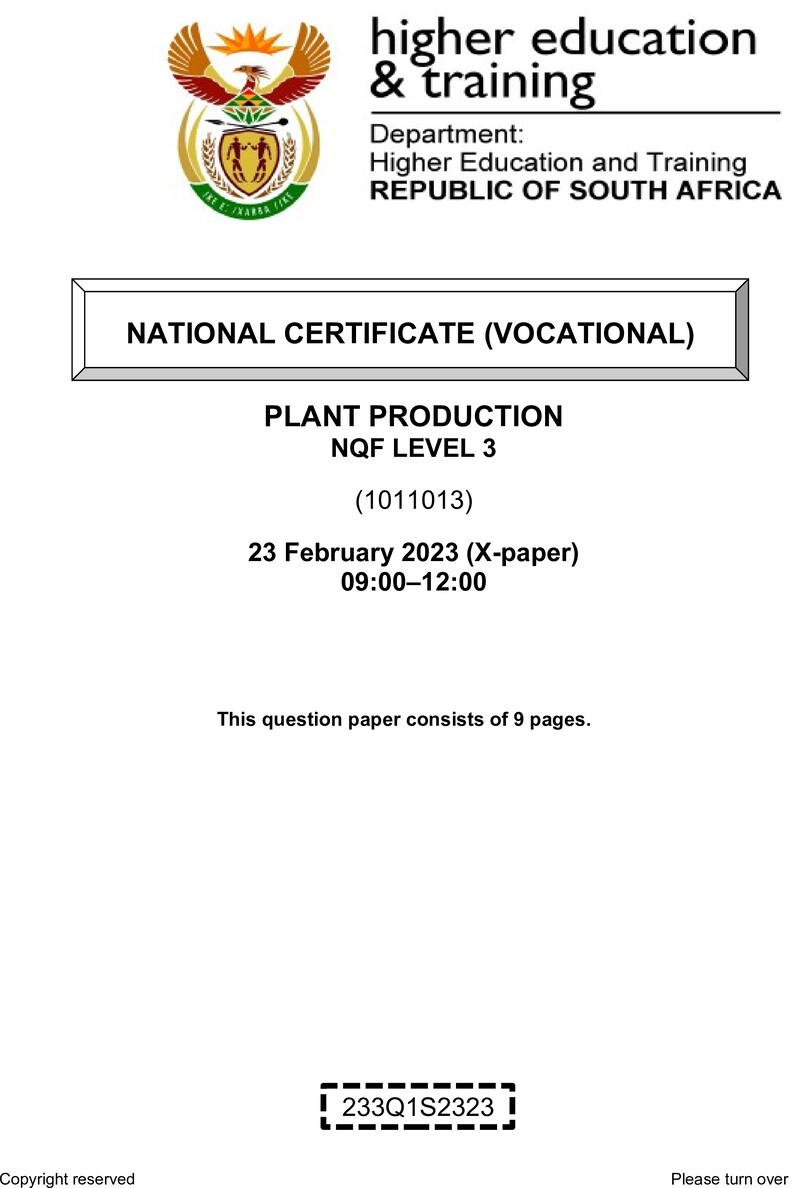 Plant Production Level 3 DHET NCV 2023 Paper X - Question Paper