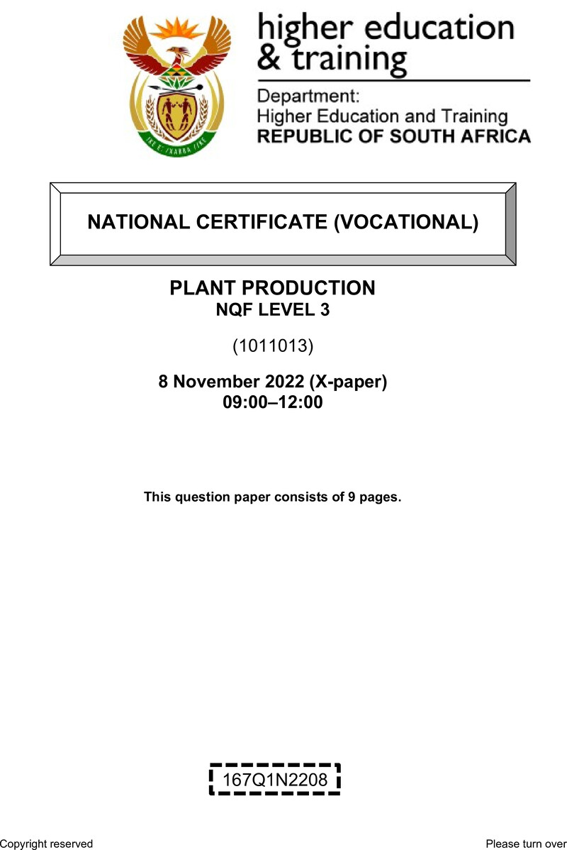 Plant Production Level 3 DHET NCV November 2022 Paper X - Question Paper